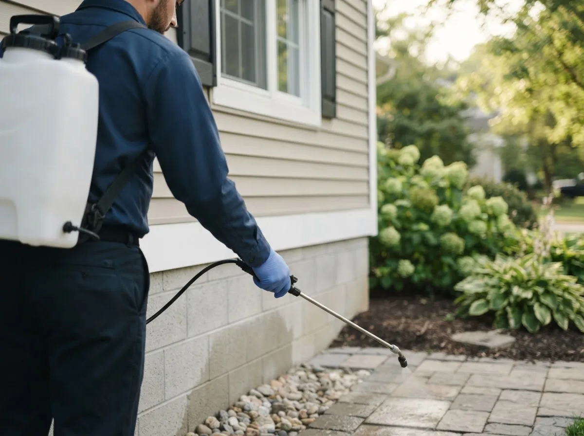Pest control technician inspecting a home in Galatia, IL